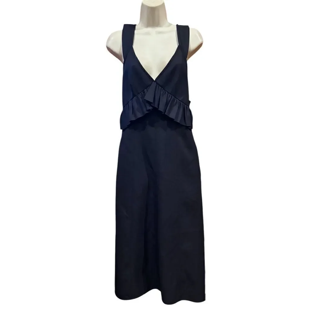 PLAN C Ruffle Midi Dress in Navy Black NWT Size 40/ US size 2/4